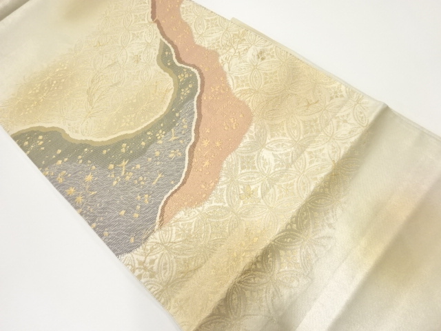 JAPANESE KIMONO / ANTIQUE FUKURO OBI / SILK / WOVEN MICHINAGADORI & FLORAL PLANTS & FLORAL SHIPPO
